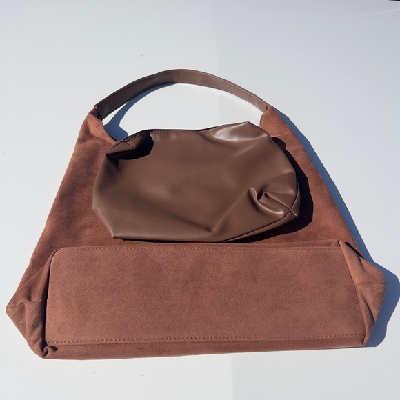 none Handbags - Women's Brown Suede & Leather Shoulder Bag make up bag includes